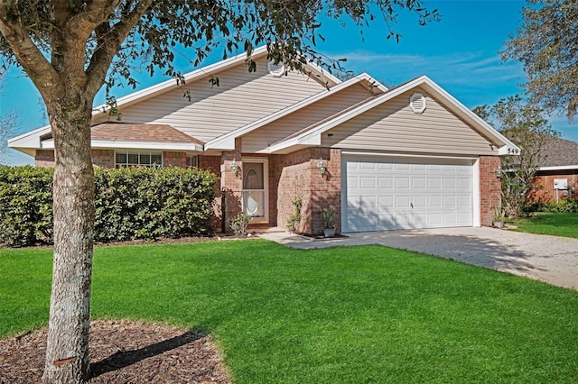 single story home with a garage, driveway, brick siding, and a front yard