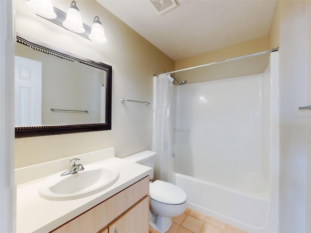 full bath with shower / bath combination with curtain, visible vents, toilet, vanity, and tile patterned flooring