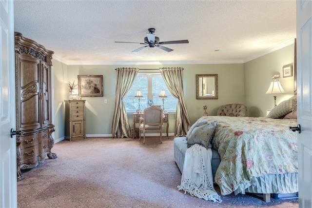 bedroom with baseboards, ornamental molding, ceiling fan, and a textured ceiling