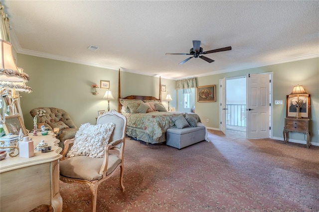 carpeted bedroom with a textured ceiling, ceiling fan, visible vents, baseboards, and ornamental molding