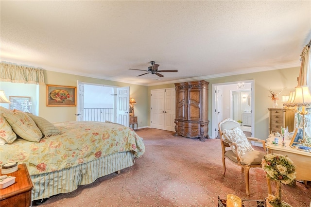 bedroom featuring baseboards, light colored carpet, ceiling fan, ornamental molding, and a textured ceiling