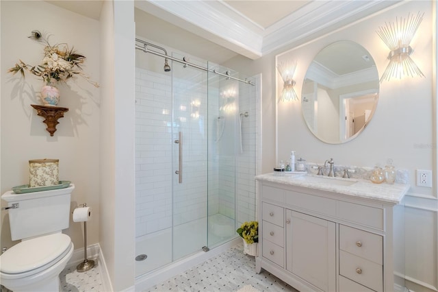 full bathroom with crown molding, toilet, a stall shower, vanity, and baseboards