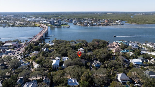 drone / aerial view featuring a water view