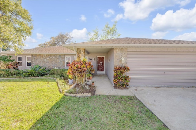 ranch-style home featuring a front yard, stone siding, roof with shingles, and an attached garage