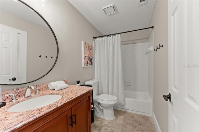 bathroom featuring visible vents, vanity, toilet, and shower / bathtub combination with curtain