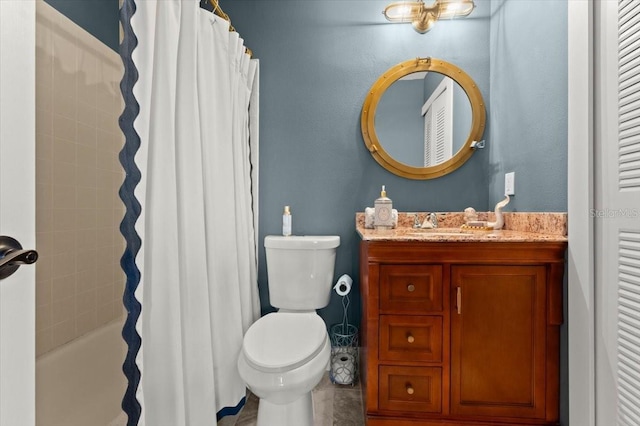 full bathroom featuring toilet, shower / bath combo, and vanity