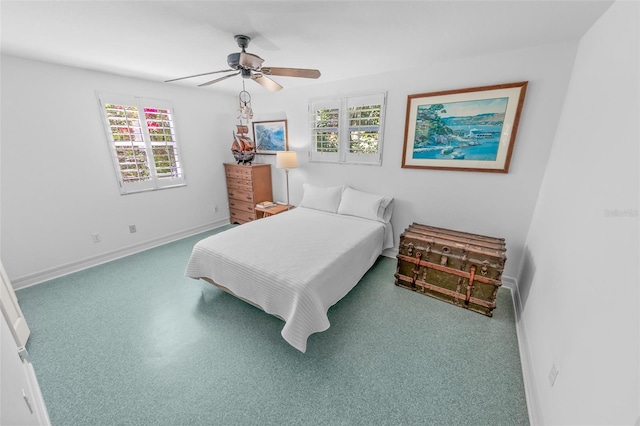 bedroom with ceiling fan and baseboards