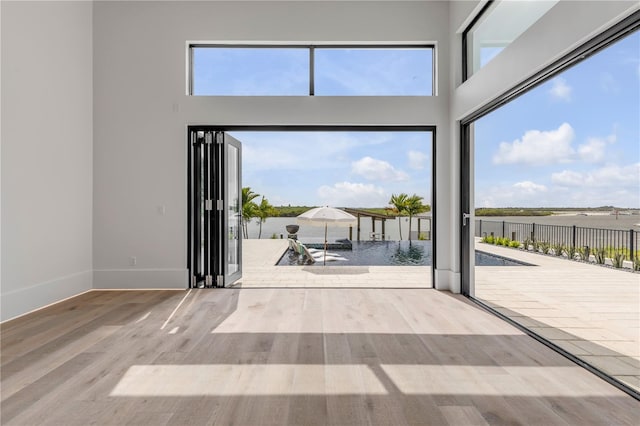 doorway with a towering ceiling, baseboards, and wood finished floors