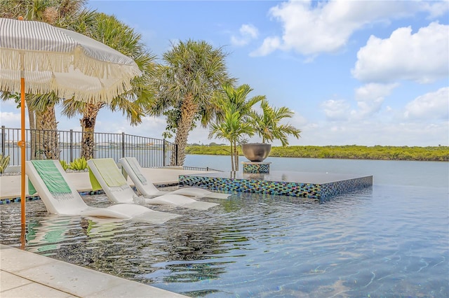 view of pool with fence and a water view