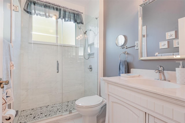 bathroom featuring vanity, toilet, and a shower stall