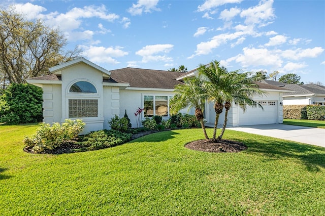 ranch-style house featuring stucco siding, a front lawn, concrete driveway, an attached garage, and a shingled roof