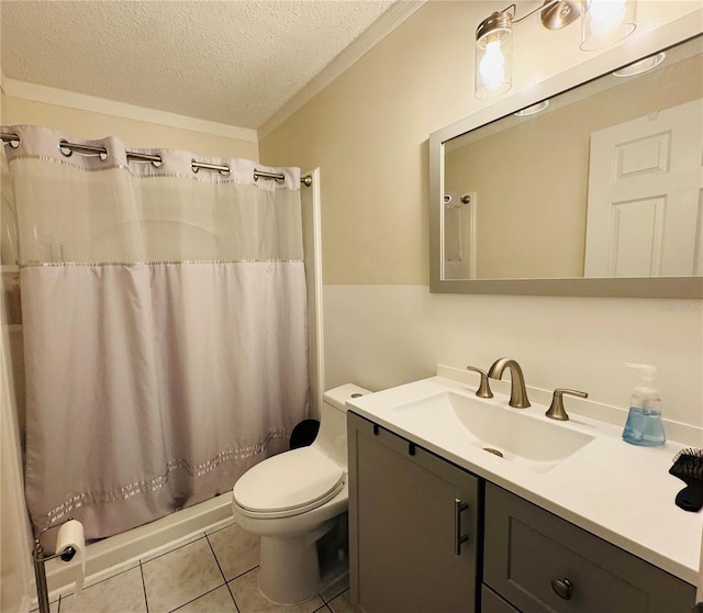 full bathroom with vanity, tile patterned flooring, a textured ceiling, crown molding, and toilet