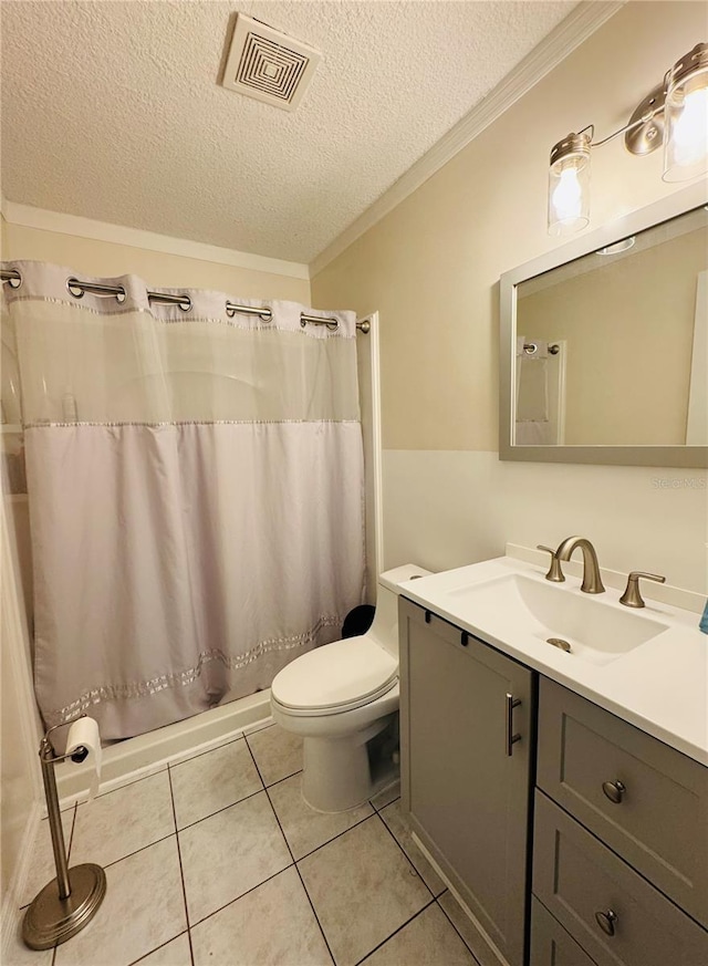 full bath with vanity, visible vents, crown molding, toilet, and tile patterned floors