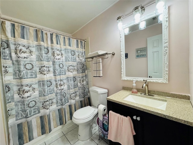 bathroom featuring tile patterned flooring, a shower with shower curtain, toilet, and vanity