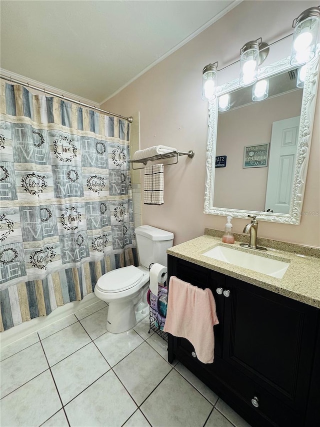 full bathroom with vanity, a shower with curtain, crown molding, toilet, and tile patterned floors