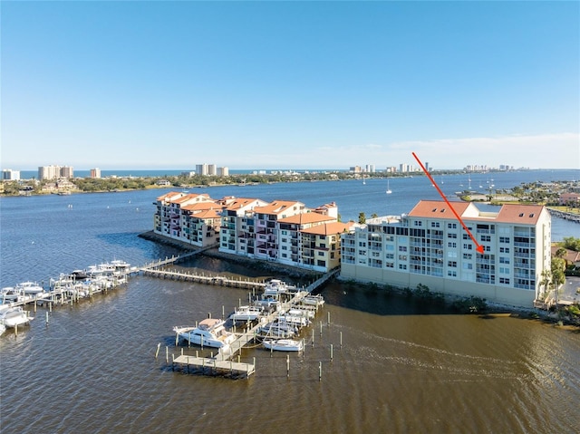 drone / aerial view with a water view and a city view