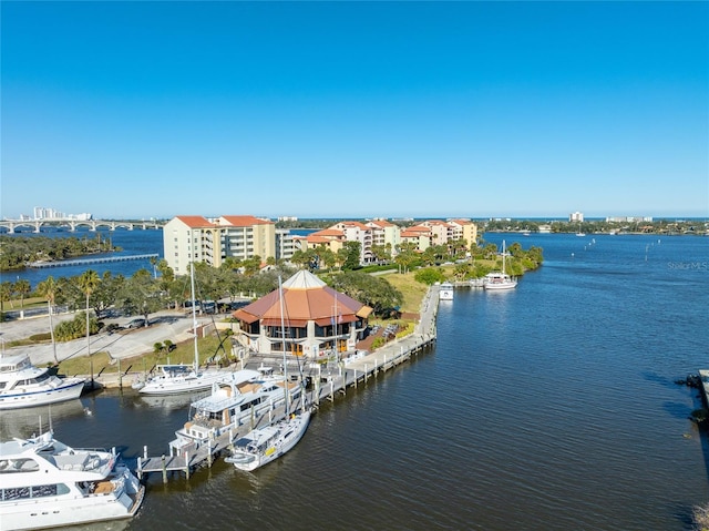 aerial view featuring a water view