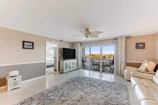 533 Marina Point Dr Unit 533, Daytona Beach, FL 32114 - living room featuring ornamental molding, a ceiling fan, visible vents, tile patterned floors, and baseboards
