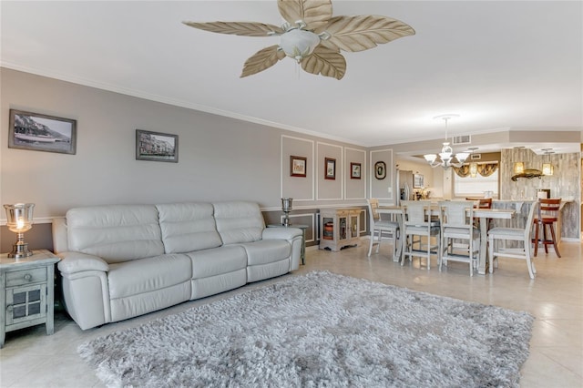 533 Marina Point Dr Unit 533, Daytona Beach, FL 32114 - tiled living room featuring crown molding, visible vents, and ceiling fan with notable chandelier