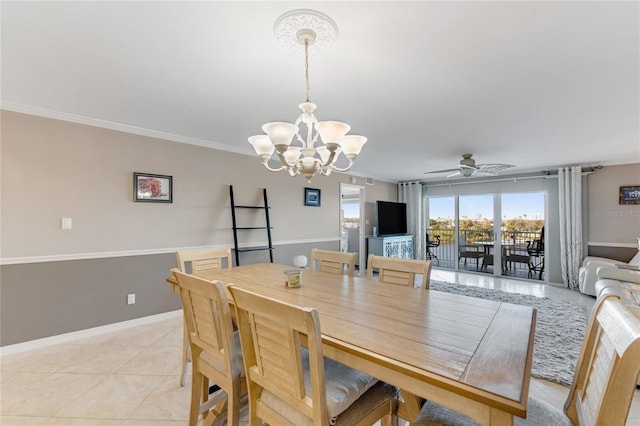533 Marina Point Dr Unit 533, Daytona Beach, FL 32114 - dining room with ornamental molding, baseboards, light tile patterned floors, and ceiling fan with notable chandelier