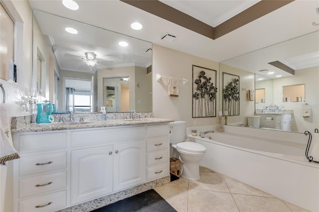 533 Marina Point Dr Unit 533, Daytona Beach, FL 32114 - bathroom with vanity, ornamental molding, a ceiling fan, visible vents, and a garden tub