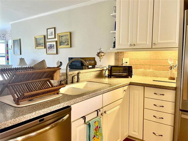 kitchen featuring decorative backsplash, ornamental molding, stainless steel appliances, a sink, and open shelves