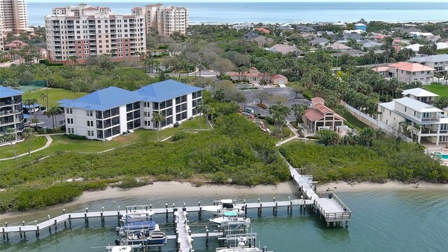 bird's eye view with a water view