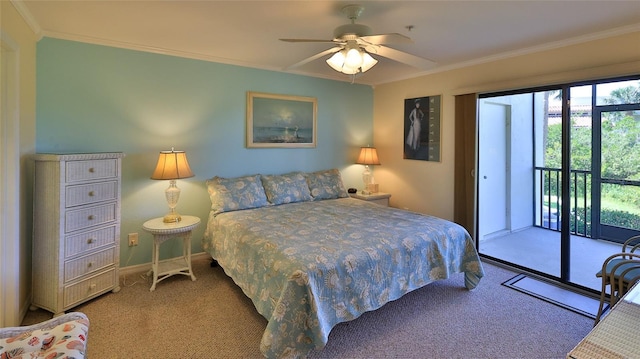 2700 N Peninsula Ave Unit 113, New Smyrna Beach, FL 32169 - carpeted bedroom with crown molding, multiple windows, access to outside, baseboards, and a ceiling fan