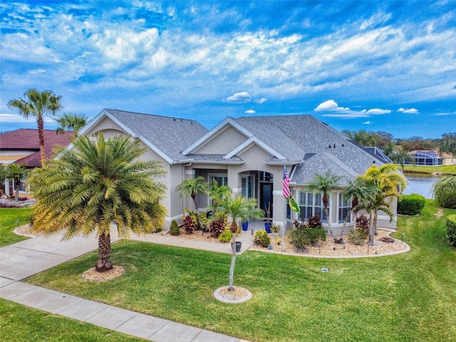 view of front of house with a front yard, concrete driveway, roof with shingles, and stucco siding