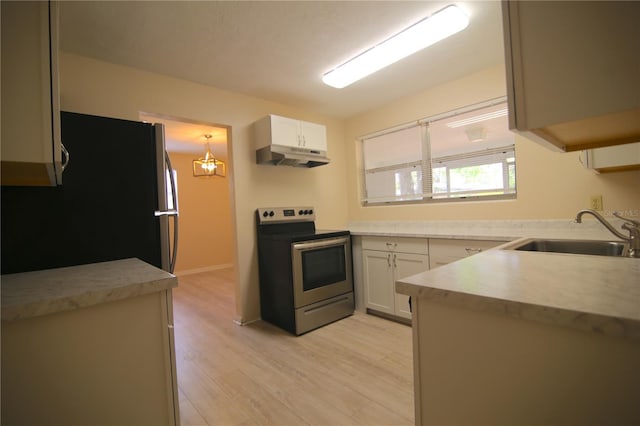 kitchen featuring light wood-style flooring, under cabinet range hood, a sink, appliances with stainless steel finishes, and light countertops