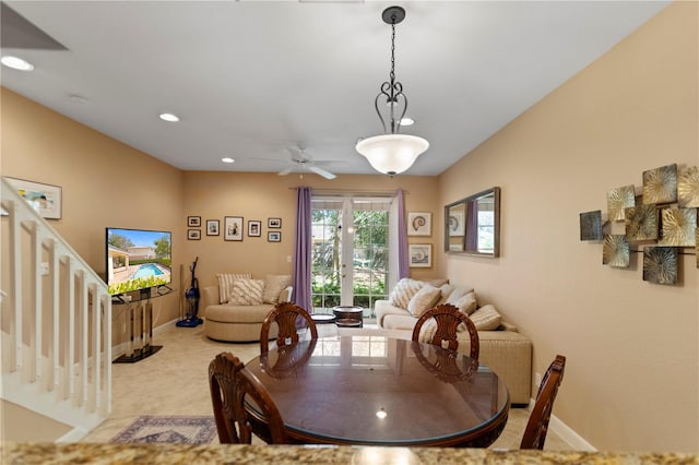 dining space with stairs, recessed lighting, and baseboards