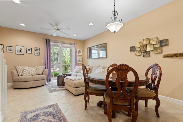 dining space featuring recessed lighting, baseboards, light tile patterned flooring, and ceiling fan