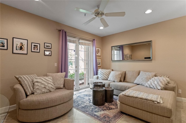 tiled living area featuring recessed lighting, baseboards, and ceiling fan