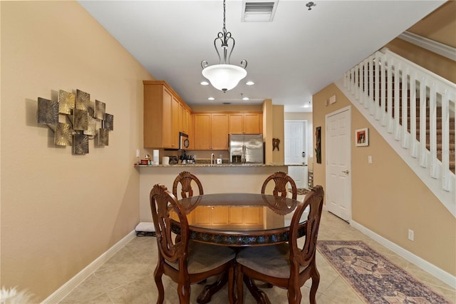 dining area with visible vents, baseboards, stairs, light tile patterned floors, and recessed lighting