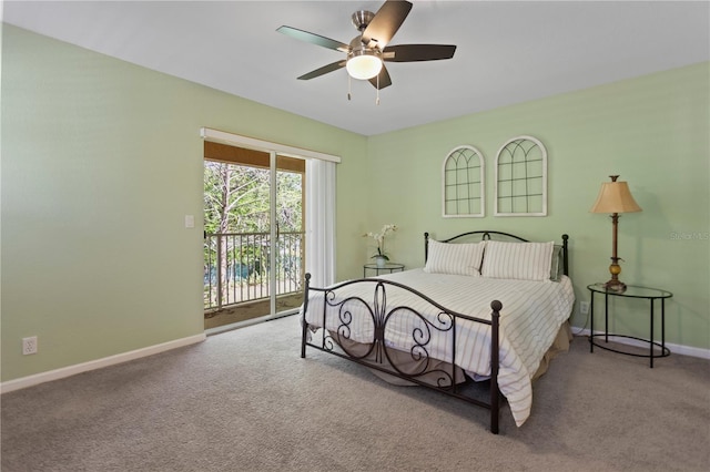 carpeted bedroom with access to exterior, a ceiling fan, and baseboards