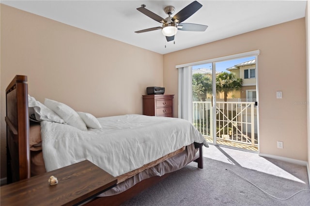 bedroom with a ceiling fan, access to outside, carpet, and baseboards