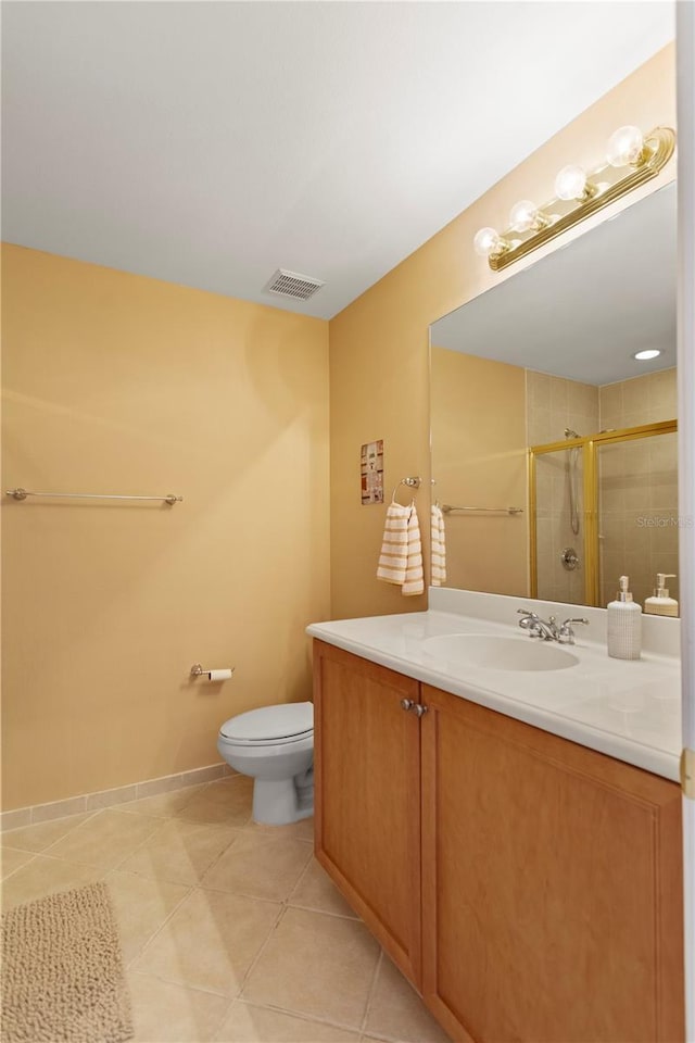 full bath with vanity, visible vents, a stall shower, tile patterned floors, and toilet