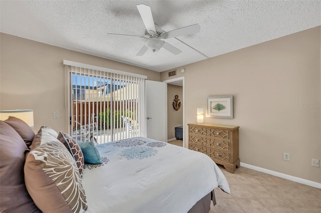 135 Cedar Dunes Dr, New Smyrna Beach, FL 32169 - bedroom featuring ceiling fan, a textured ceiling, visible vents, access to exterior, and baseboards