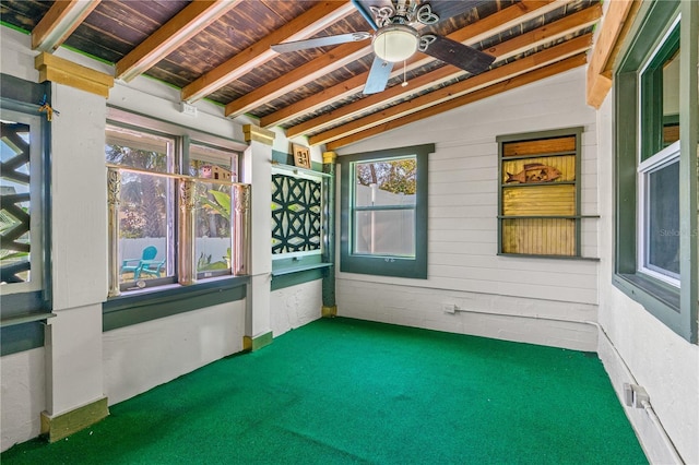 interior space with lofted ceiling with beams, wooden walls, wood ceiling, and a ceiling fan