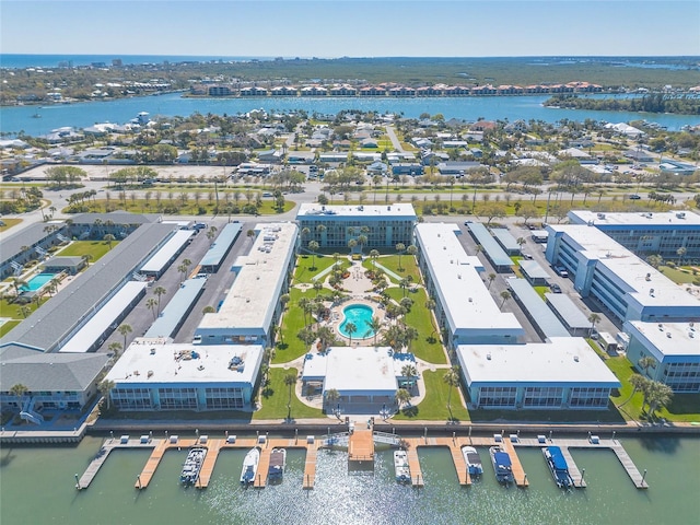 bird's eye view with a water view