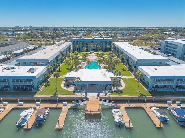 bird's eye view with a water view