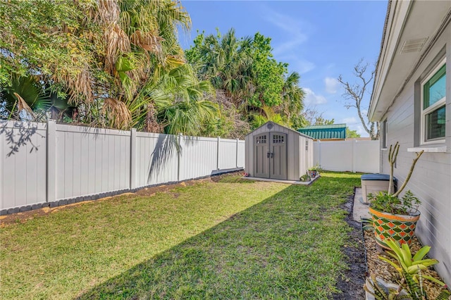 view of yard with a storage shed, a fenced backyard, and an outdoor structure