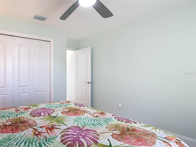 bedroom featuring visible vents, a closet, and ceiling fan