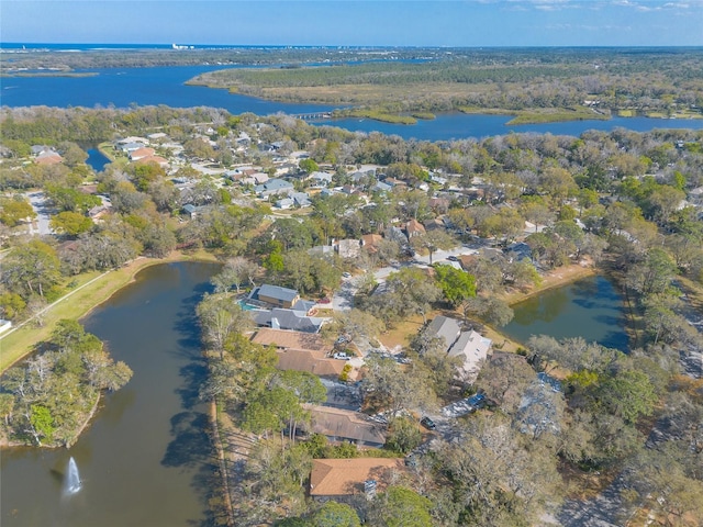 bird's eye view featuring a water view and a wooded view