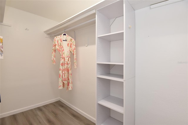 walk in closet with wood finished floors