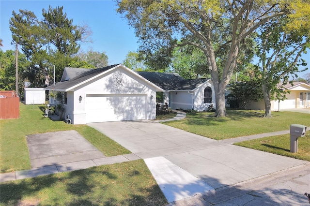 single story home featuring a front lawn, an attached garage, and driveway