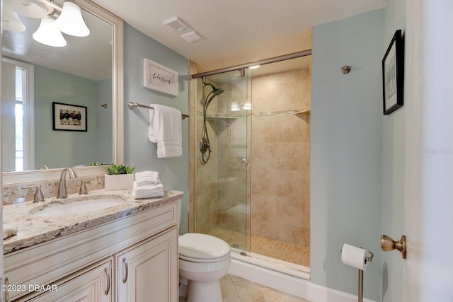 full bath with tile patterned flooring, visible vents, a shower stall, toilet, and vanity