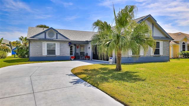 view of front of property featuring brick siding, curved driveway, a front yard, and a shingled roof