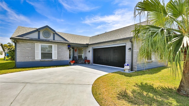 ranch-style house featuring driveway, a front lawn, a garage, and roof with shingles