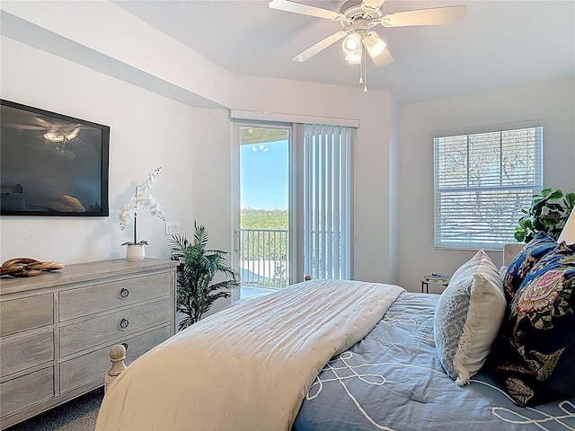 bedroom with ceiling fan and access to exterior